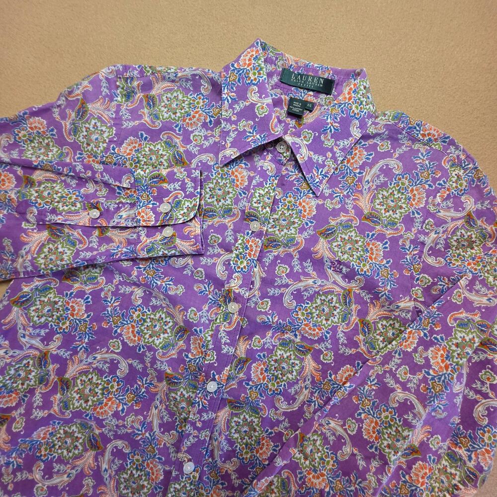 Lauren Ralph Lauren Purple Paisley Floral Cotton Button Shirt Sz Petite Small